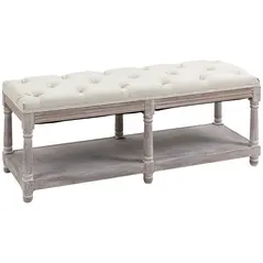 HOMCOM 2-Tier Bed End Bench, Vintage Stool, Wooden Window Seat with Storage Shelf, Button Tufted Upholstered Footstool for Living Room, Bedroom, Entryway, Cream White - 1