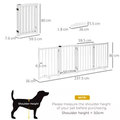 PawHut Wooden Dog Gate, Dog Fence Indoor, 80 cm Tall Freestanding Pet Gate for Small and Medium Dogs with 4 Panels, 2 Support Feet, White - 3