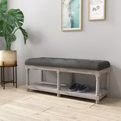 HOMCOM 2-Tier Bed End Bench, Vintage Stool, Wooden Window Seat with Storage Shelf, Button Tufted Upholstered Footstool for Living Room, Bedroom, Entryway, Grey - 2
