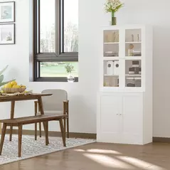 HOMCOM Modern Bookcase with Glass Doors, Display Storage Cabinet with Adjustable Shelves for Living Room, White - 1