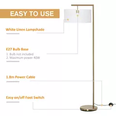 HOMCOM Floor Lamp, Modern Standing Lamp with Linen Lampshade, Round Base for Living Room, Bedroom, Dining Room, 153cm, Gold and White - 6