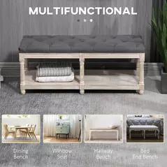 HOMCOM 2-Tier Bed End Bench, Vintage Stool, Wooden Window Seat with Storage Shelf, Button Tufted Upholstered Footstool for Living Room, Bedroom, Entryway, Grey - 7
