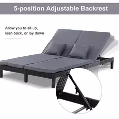 Outsunny 2 Seater Rattan Lounger Adjustable Double Chaise Chair Loveseat w/ Cushion Black - 7