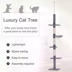 PawHut Floor to Ceiling Cat Tree 230-260cm Height Adjustable, 5-Tier Cat Tower with Scratching Posts, Hammock, Perches, Climbing Activity Centre for Indoor Kittens Playing and Relaxing, Grey - 4