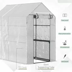 Outsunny Walk In Greenhouse with 2-Tier Shelves, Roll up Zip Panel Door, Garden Polytunnel Steeple Grow House for Outdoor, 6 x 4 x 6ft White - 4