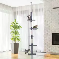 PawHut Floor to Ceiling Cat Tree 230-260cm Height Adjustable, 5-Tier Cat Tower with Scratching Posts, Hammock, Perches, Climbing Activity Centre for Indoor Kittens Playing and Relaxing, Grey - 2