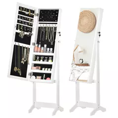 HOMCOM Full Length Mirror with Storage, Jewellery Cabinet with Mirror, Adjustable Angle and Stand, Lockable Jewellery Organiser for Bedroom Dressing Room, White - 1