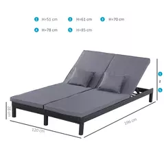 Outsunny 2 Seater Rattan Lounger Adjustable Double Chaise Chair Loveseat w/ Cushion Black - 3