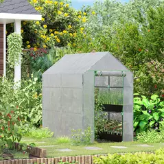 Outsunny Walk In Greenhouse with 2-Tier Shelves, Roll up Zip Panel Door, Garden Polytunnel Steeple Grow House for Outdoor, 6 x 4 x 6ft White - 2