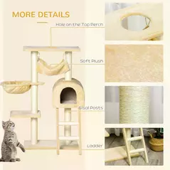 PawHut Cat Tree Tower for Indoor Cats Kitten Activity Centre Scratching Post w/ Hammock House Basket Ladder - Beige - 6