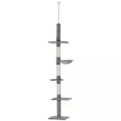 PawHut Floor to Ceiling Cat Tree 230-260cm Height Adjustable, 5-Tier Cat Tower with Scratching Posts, Hammock, Perches, Climbing Activity Centre for Indoor Kittens Playing and Relaxing, Grey - 1