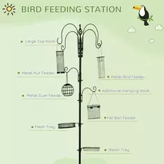 Pawhut Bird Feeding Station Kit, Wild Bird Feeder Pole with 6 Hooks, 4 Hanging Feeders for Peanuts, Seed, Fat Balls, for Garden, Outdoor, Black - 4
