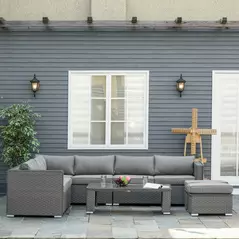 Outsunny 6 Pieces Outdoor PE Rattan Wicker Corner Sofa Set with 10cm Thick Padded Cushions, Aluminium Conservatory Furniture with Glass Top Coffee Table, Footstools, Grey - 2