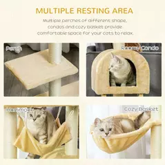 PawHut Cat Tree Tower for Indoor Cats Kitten Activity Centre Scratching Post w/ Hammock House Basket Ladder - Beige - 5