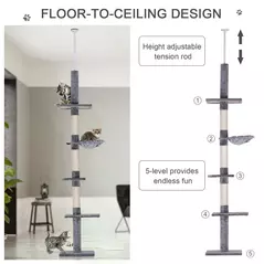 PawHut Floor to Ceiling Cat Tree 230-260cm Height Adjustable, 5-Tier Cat Tower with Scratching Posts, Hammock, Perches, Climbing Activity Centre for Indoor Kittens Playing and Relaxing, Grey - 5