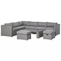 Outsunny 6 Pieces Outdoor PE Rattan Wicker Corner Sofa Set with 10cm Thick Padded Cushions, Aluminium Conservatory Furniture with Glass Top Coffee Table, Footstools, Grey - 1