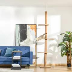 PawHut 260cm Floor To Ceiling Cat Tree for Indoor Cats w/ Three Platforms Activity Centre - Brown - 2