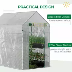 Outsunny Walk In Greenhouse with 2-Tier Shelves, Roll up Zip Panel Door, Garden Polytunnel Steeple Grow House for Outdoor, 6 x 4 x 6ft White - 5