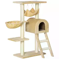PawHut Cat Tree Tower for Indoor Cats Kitten Activity Centre Scratching Post w/ Hammock House Basket Ladder - Beige - 1