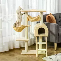 PawHut Cat Tree Tower for Indoor Cats Kitten Activity Centre Scratching Post w/ Hammock House Basket Ladder - Beige - 2