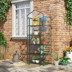 Outsunny 5 Tier Mini Greenhouse, Small Walk-in Greenhouse with Reinforced Plastic Cover, Garden Grow House with Roll Up Door and Shelves, 69 x 49 x 193cm, Green - 2