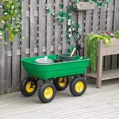 Outsunny 125 Litre Large Garden Cart Heavy Duty 4 Wheel Trolley Dump Wheelbarrow Tipping Truck Trailer - Green - 2