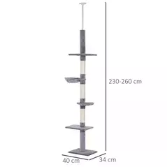 PawHut Floor to Ceiling Cat Tree 230-260cm Height Adjustable, 5-Tier Cat Tower with Scratching Posts, Hammock, Perches, Climbing Activity Centre for Indoor Kittens Playing and Relaxing, Grey - 3
