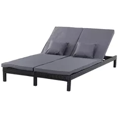 Outsunny 2 Seater Rattan Lounger Adjustable Double Chaise Chair Loveseat w/ Cushion Black - 1