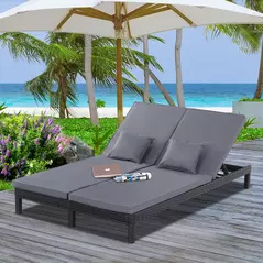 Outsunny 2 Seater Rattan Lounger Adjustable Double Chaise Chair Loveseat w/ Cushion Black - 2