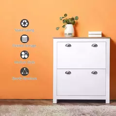HOMCOM 2 Drawer Shoe Cabinet Modern Narrow Shoe Cupboard Hallway Wooden Storage Organiser with Flip Doors Adjustable Shelf for 6-12 Pairs, White - 7