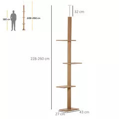 PawHut 260cm Floor To Ceiling Cat Tree for Indoor Cats w/ Three Platforms Activity Centre - Brown - 3