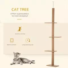 PawHut 260cm Floor To Ceiling Cat Tree for Indoor Cats w/ Three Platforms Activity Centre - Brown - 4
