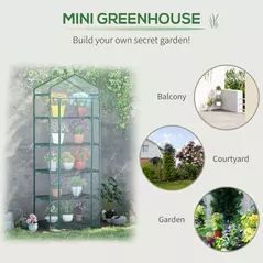 Outsunny 5 Tier Mini Greenhouse, Small Walk-in Greenhouse with Reinforced Plastic Cover, Garden Grow House with Roll Up Door and Shelves, 69 x 49 x 193cm, Green - 6
