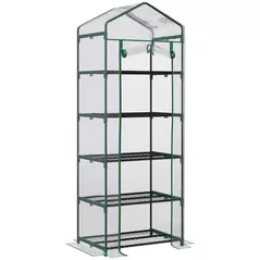 Outsunny 5 Tier Mini Greenhouse, Small Walk-in Greenhouse with Reinforced Plastic Cover, Garden Grow House with Roll Up Door and Shelves, 69 x 49 x 193cm, Green - 1