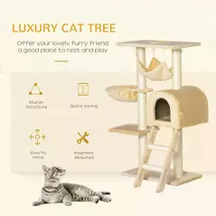 PawHut Cat Tree Tower for Indoor Cats Kitten Activity Centre Scratching Post w/ Hammock House Basket Ladder - Beige - 4
