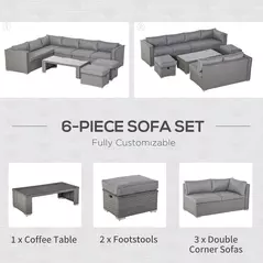 Outsunny 6 Pieces Outdoor PE Rattan Wicker Corner Sofa Set with 10cm Thick Padded Cushions, Aluminium Conservatory Furniture with Glass Top Coffee Table, Footstools, Grey - 6