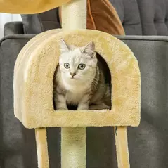 PawHut Cat Tree Tower for Indoor Cats Kitten Activity Centre Scratching Post w/ Hammock House Basket Ladder - Beige - 9