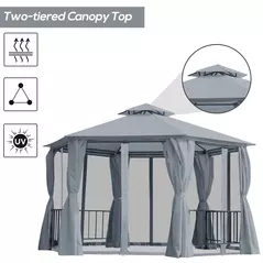 Outsunny 3 x 3(m) Hexagon Gazebo Patio Canopy Party Tent Outdoor Garden Shelter w/ 2 Tier Roof & Side Panel - Grey - 4