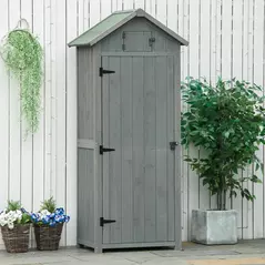 Outsunny Wooden Garden Shed, Utility Outdoor Small Shed with Lockable Double Doors, Shelves and Roof Hatch, Grey - 9