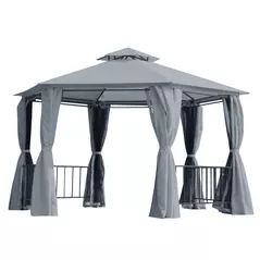 Outsunny 3 x 3(m) Hexagon Gazebo Patio Canopy Party Tent Outdoor Garden Shelter w/ 2 Tier Roof & Side Panel - Grey - 1