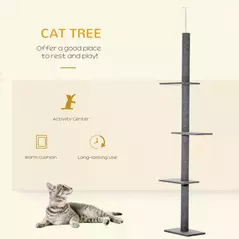 PawHut 260cm Floor To Ceiling Cat Tree for Indoor Cats w/ Three Platforms Activity Centre - Grey - 4