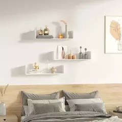 HOMCOM Set of 3 Wooden U-Shaped Floating Shelves Set, 80cm Wall Mounted Hanging Bookshelf, CD DVD Storage Display for Bedroom Living Room Kitchen, White - 1