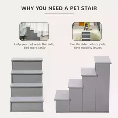 PawHut 4 Step Dog Steps for Bed, Wooden Dog Steps for Sofa, Pet Stairs for Bed Couch with Non-Slip Carpet for Cats and Puppies, 40 x 59 x 54.2 cm, Grey - 5