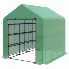 Outsunny Walk-in Greenhouse with 4 Tier 24 Shelves, Portable Grow House with Roll-up Zipped Door, 244 x 180 x 210cm, Green - 1