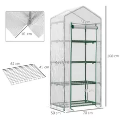 Outsunny 4 Tier Mini Greenhouse, Portable Compact Green House with Steel Frame, PE Cover, Roll-up Door, 70 x 50 x 160 cm, White - 3
