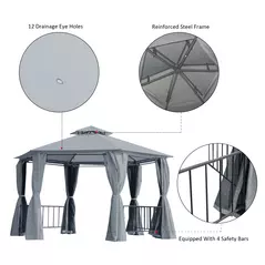 Outsunny 3 x 3(m) Hexagon Gazebo Patio Canopy Party Tent Outdoor Garden Shelter w/ 2 Tier Roof & Side Panel - Grey - 5