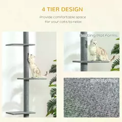 PawHut 260cm Floor To Ceiling Cat Tree for Indoor Cats w/ Three Platforms Activity Centre - Grey - 6
