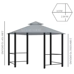 Outsunny 3 x 3(m) Hexagon Gazebo Patio Canopy Party Tent Outdoor Garden Shelter w/ 2 Tier Roof & Side Panel - Grey - 3
