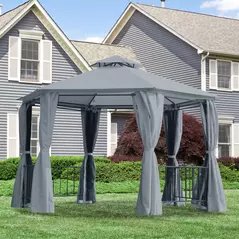 Outsunny 3 x 3(m) Hexagon Gazebo Patio Canopy Party Tent Outdoor Garden Shelter w/ 2 Tier Roof & Side Panel - Grey - 2
