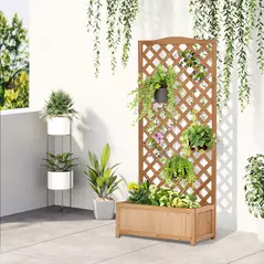 Outsunny 53L Garden Wooden Planter Box with Trellis Free Standing Flower Raised Bed with Lattice for Climbing Plants, 76cm x 36cm x 170cm, Brown - 2